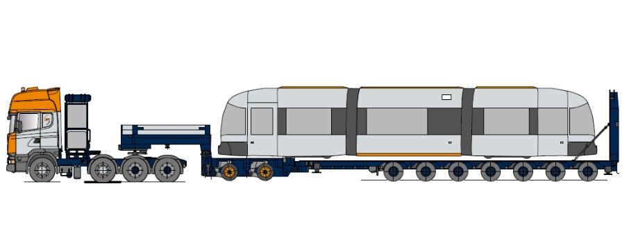 Přepravník na kolejová vozidla, s modulovými nápravami, hydraulickou rampou, roztažitelný 
